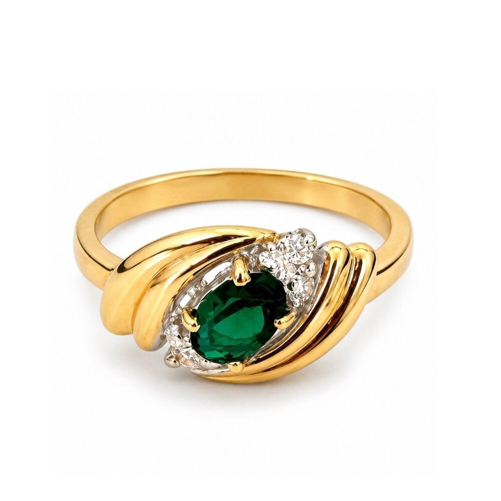 Vintage 1970s Ring Size 7 Green Austrian Crystal CZ Bypass Gold Plated - 14T